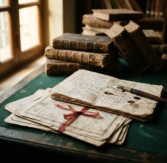 Archival books and handwritten civic notes illuminated by quiet window light
